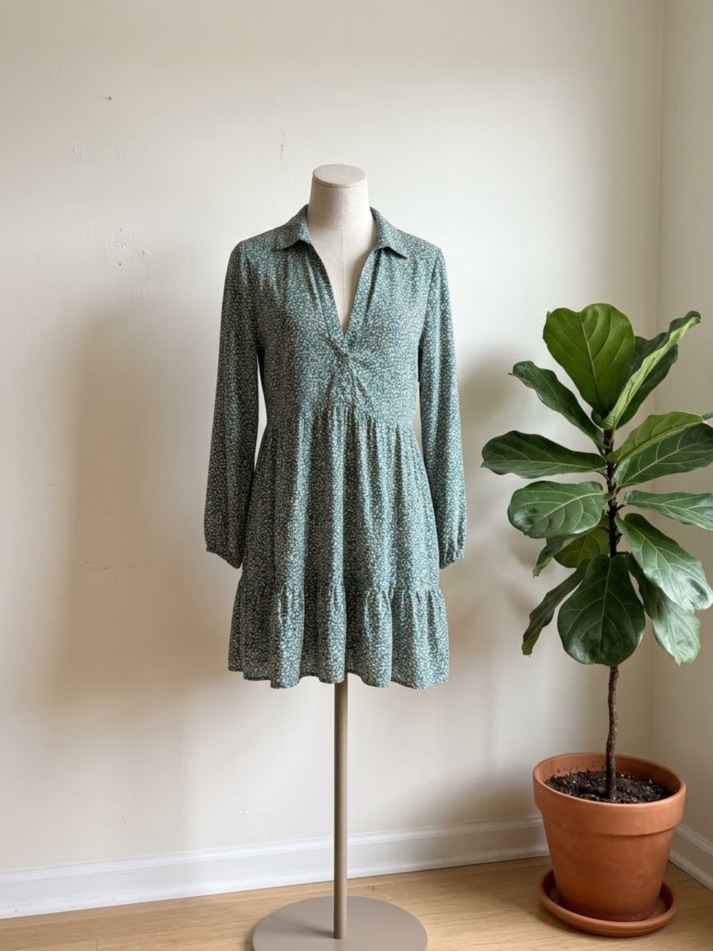 Zara Sage Green Floral V-Neck Tiered Mini Dress
